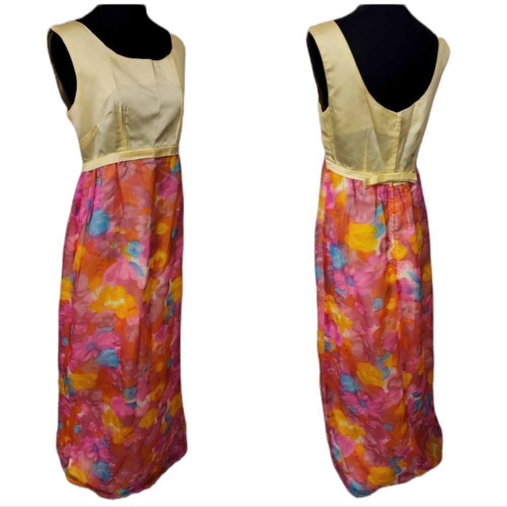 Vintage yellow Pink handmade long floral bright dress - Picture 2 of 8